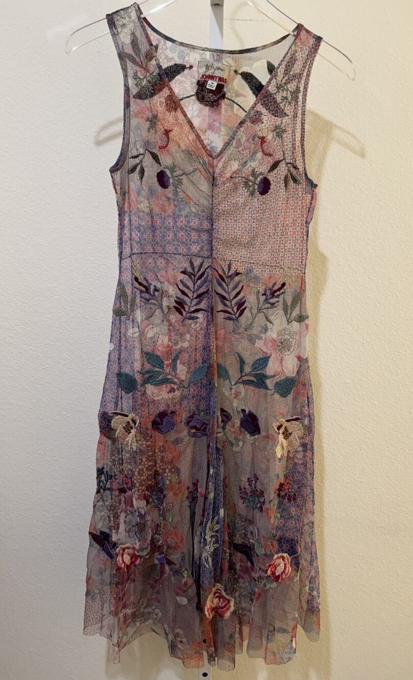 BIYA Johnny Was Arlette Mesh Dress Sheer Embroidered Size XS Midi Floral